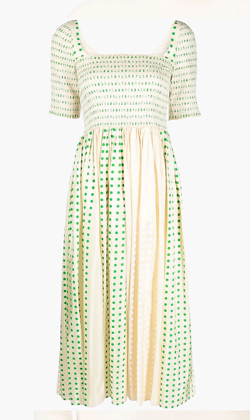 

Tory Burch Green Printed Silk Smocked Dress for Women | The Deal Outlet