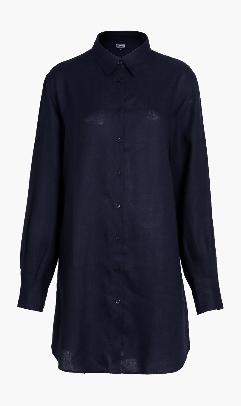 

Solid Long Linen Shirt, Blue