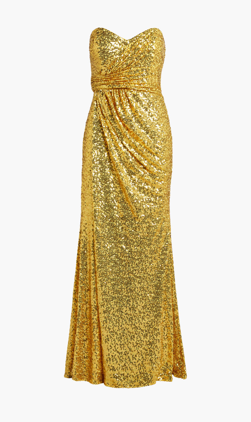 

Badgley Mischka Yellow Sqn Strpls Drape for Women | The Deal Outlet