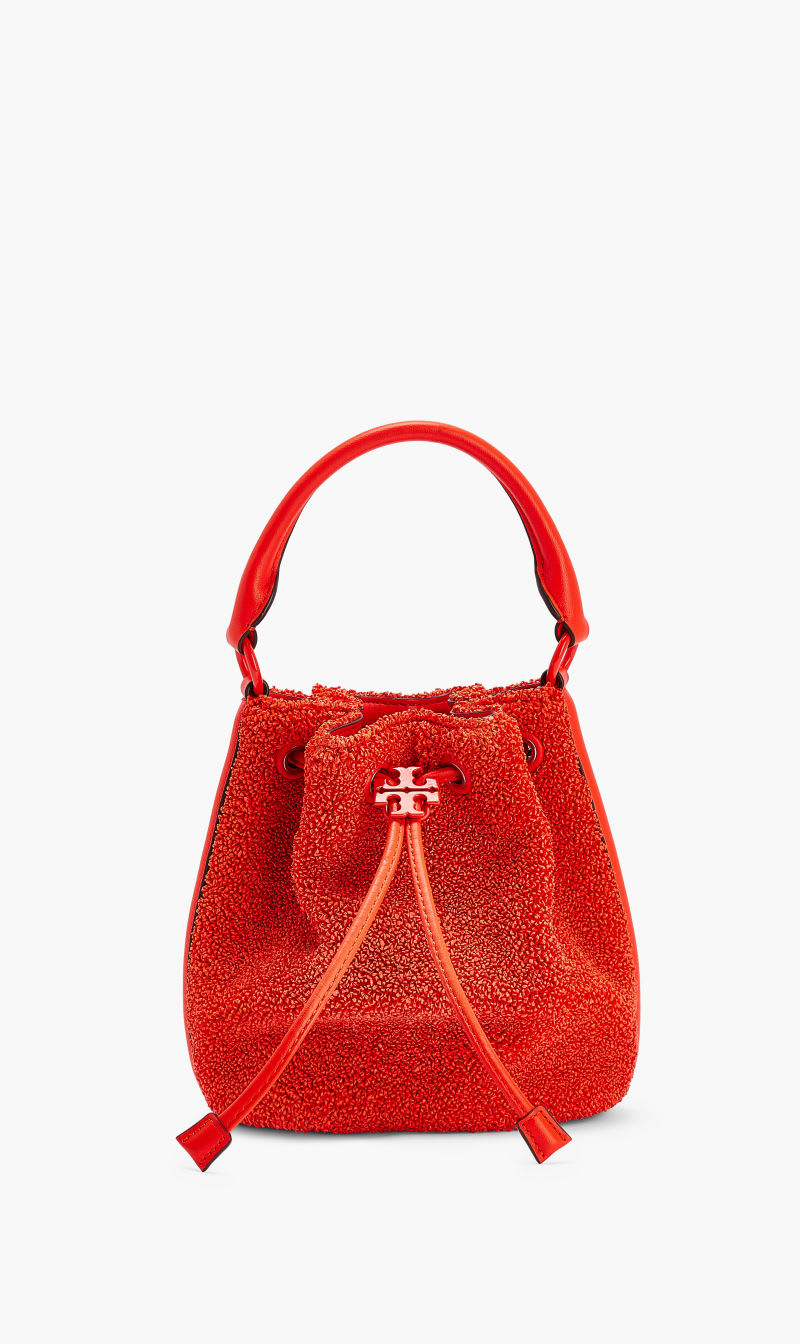 

Tory Burch Red Fleming Soft Raffia Bucket Bag for Women | The Deal Outlet