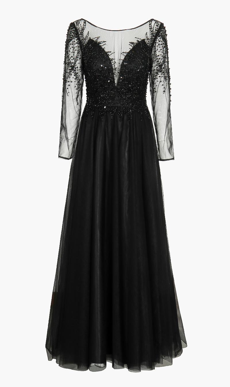 

Long Sleeve Embellished Gown, Black