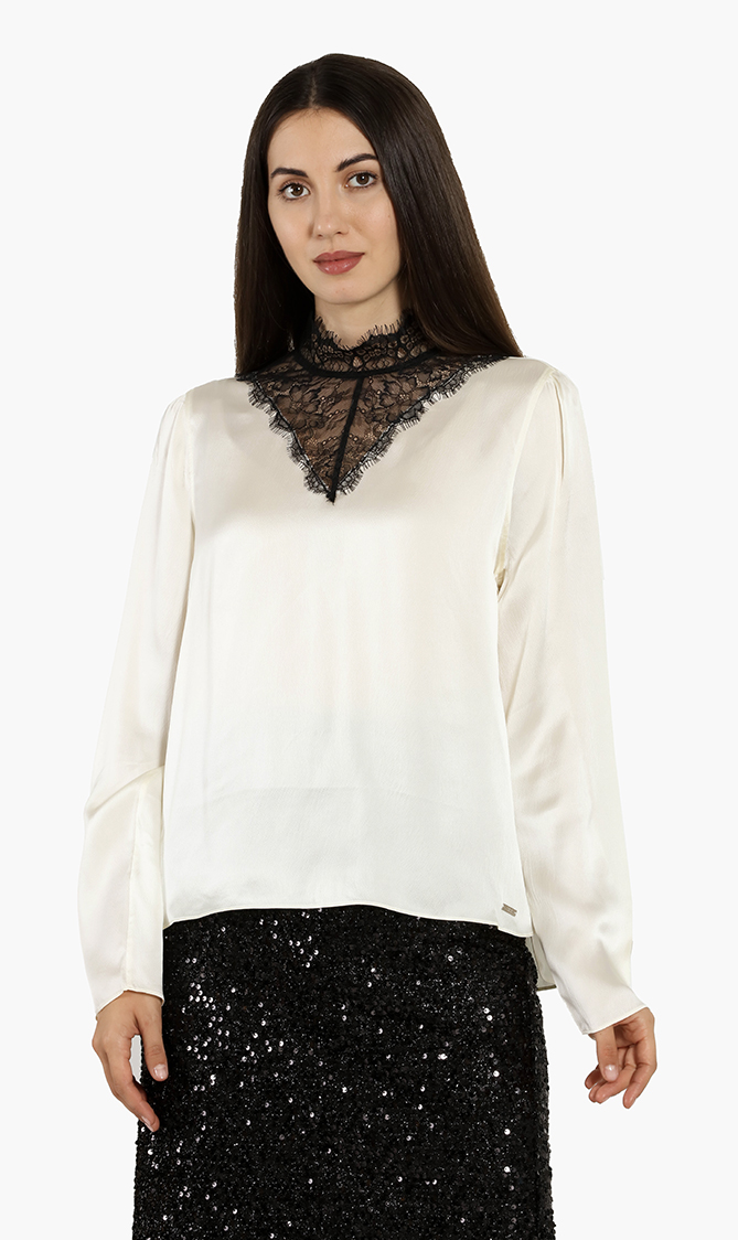 

Lace-paneled Silk Mock-neck Blouse